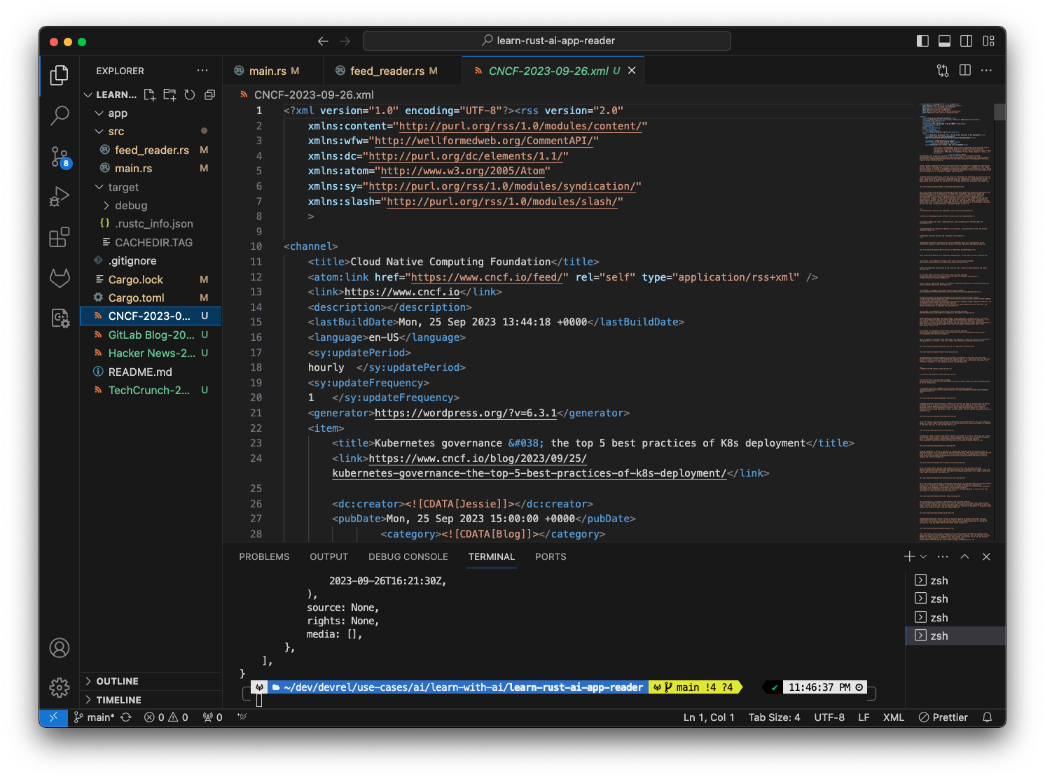 VS-Code mit CNCF-RSS-Feed-Inhaltsdatei, auf Festplatte gespeichert