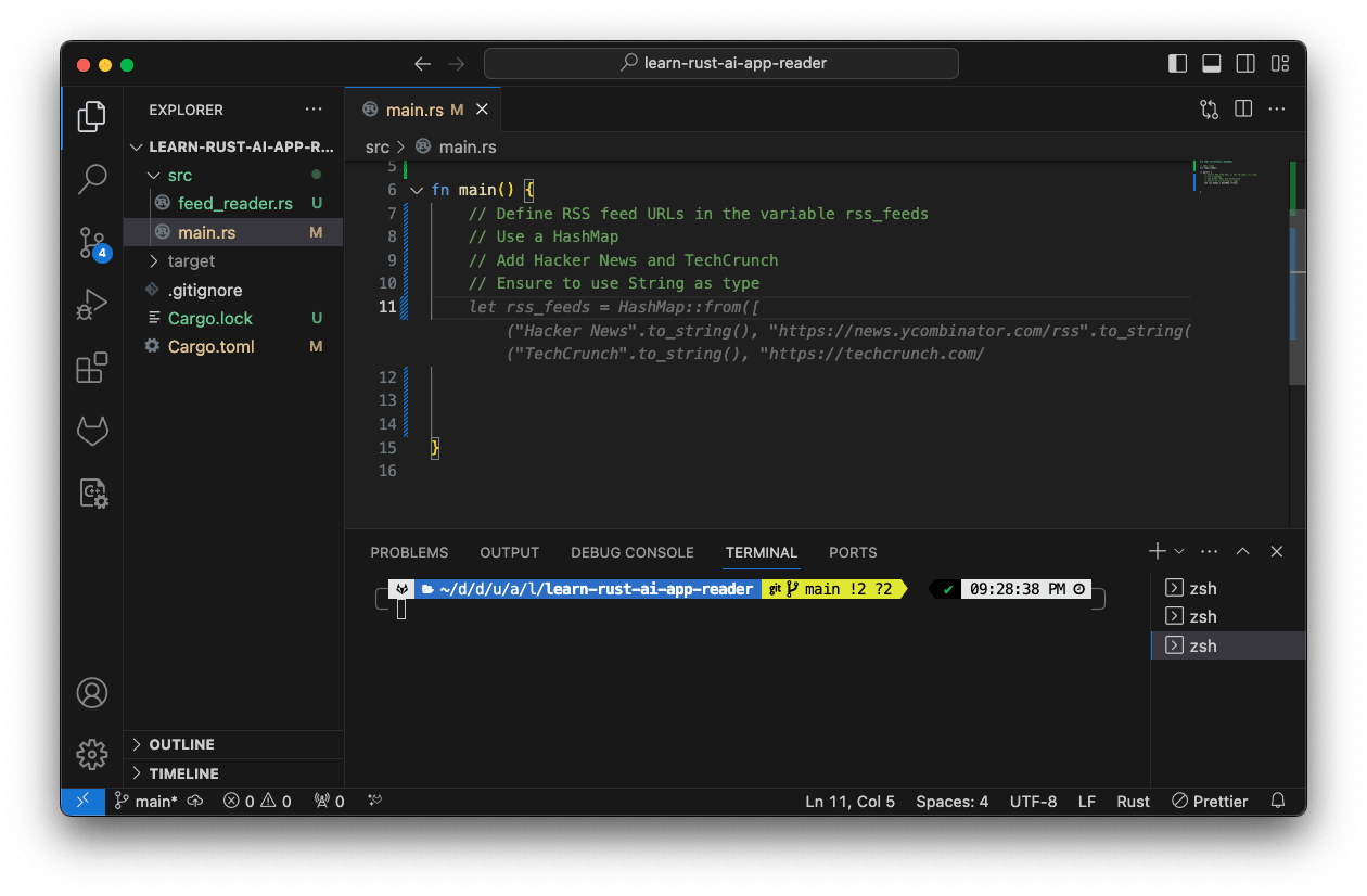 VS Code mit Codevorschlägen für RSS-Feed-URLs für Hacker News und TechCrunch