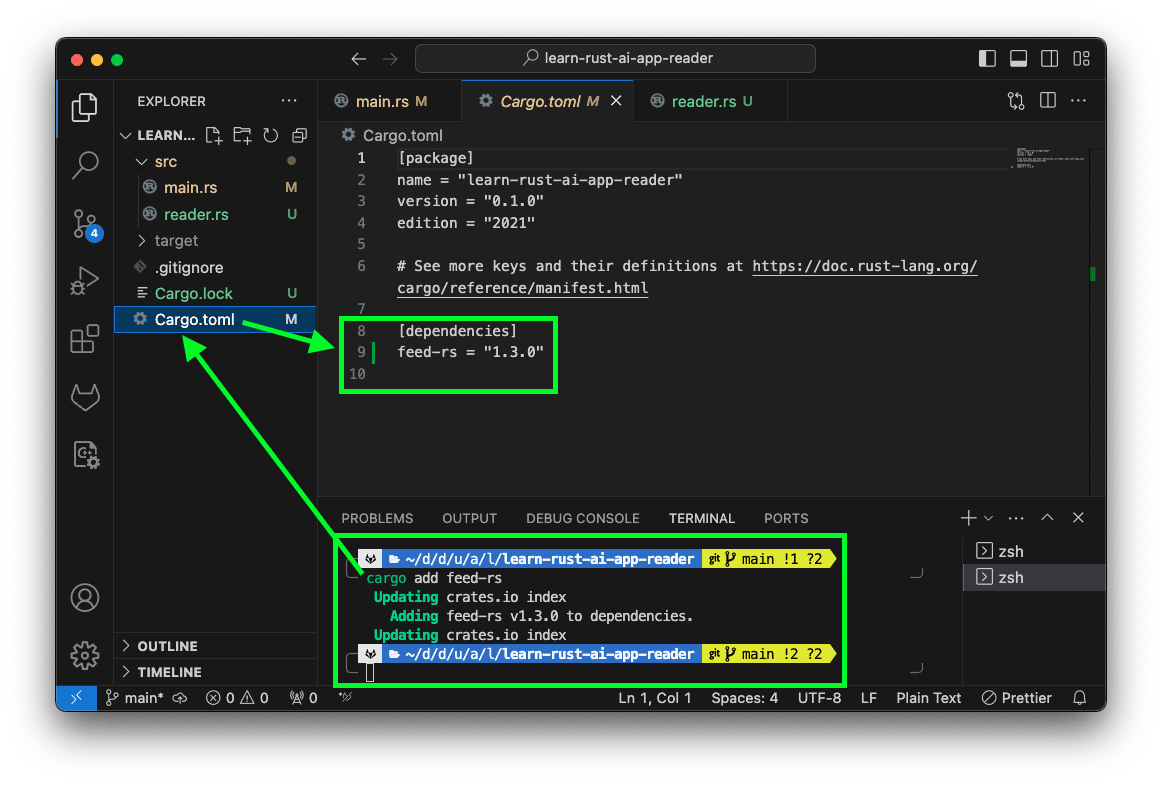 VS-Code-Terminal: Crate hinzufügen, in Config.toml überprüfen