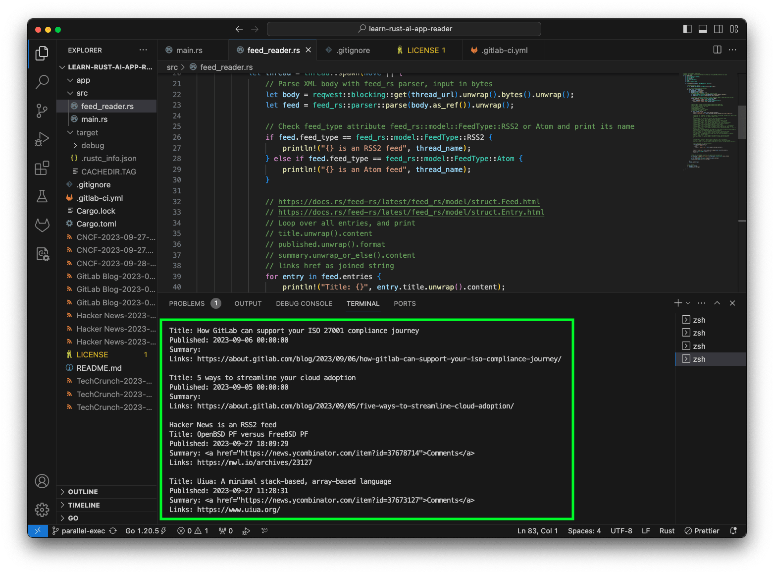 VS-Code-Terminal, Cargo-Run mit formatierter Feedelement-Ausgabe