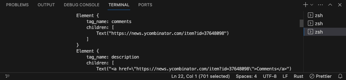 VS-Code-Terminal, cargo run zum Abrufen des XML-Feeds von Hacker News
