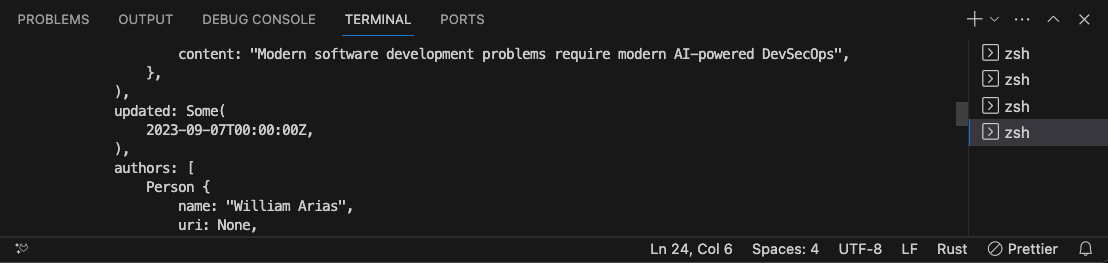VS-Code-Terminal, Beispiel einer RSS-Feed-Ausgabe für den GitLab-Blog