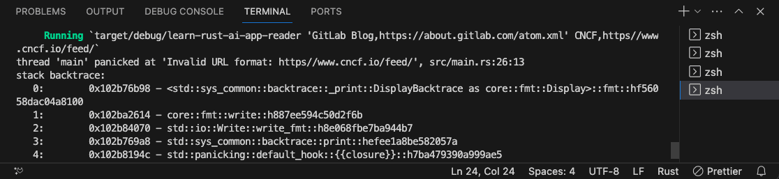VS-Code-Terminal mit falschem URL-Format, panic-Fehler-Backtrace