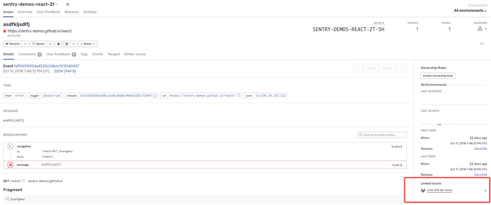 GitLab account in Sentry