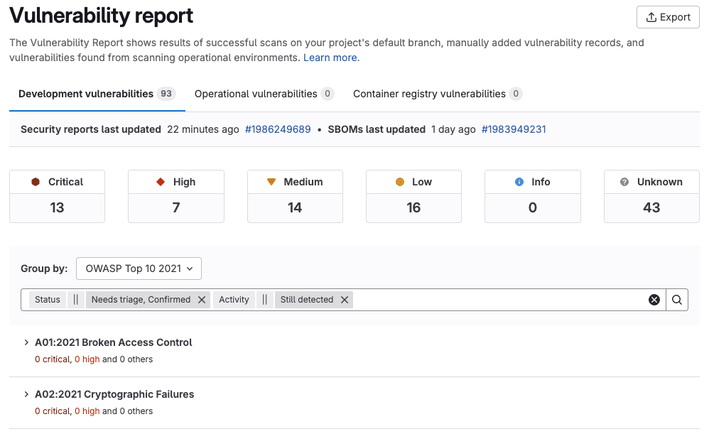 脆弱性レポートでOWASP 2021によるグループ化