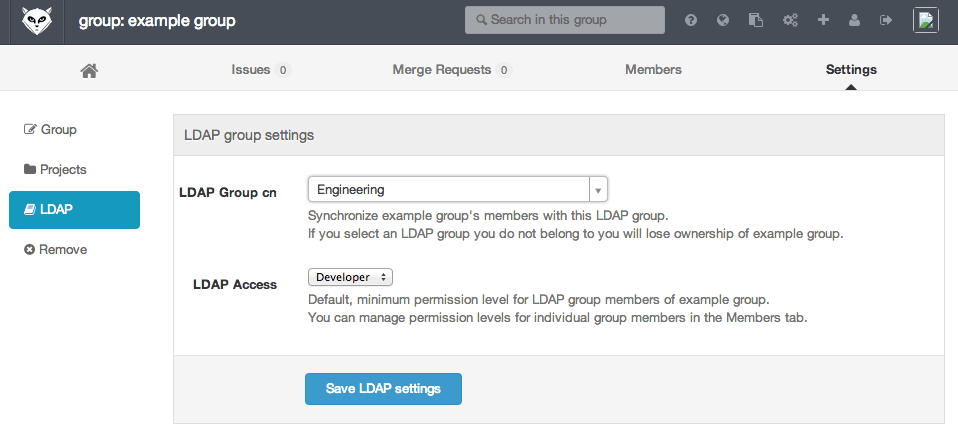 LDAP group settings filled in