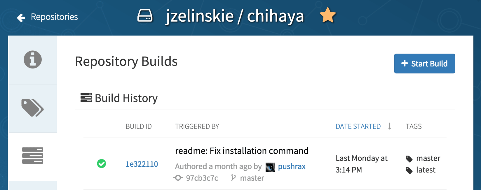 Quay.io build tab