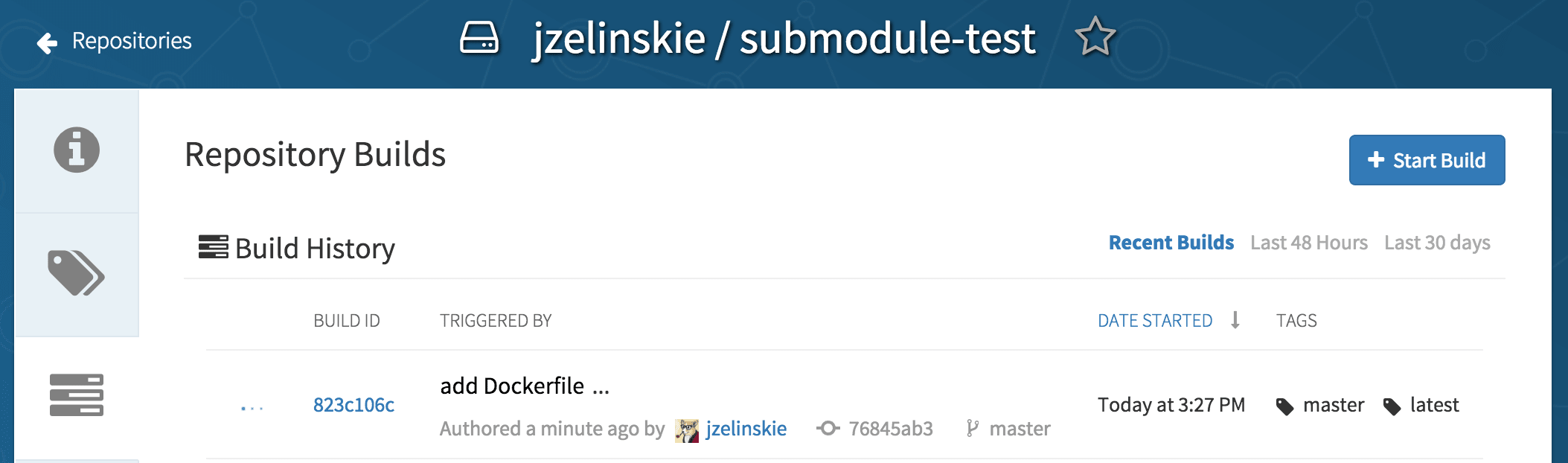 Active build on a Quay.io build tab