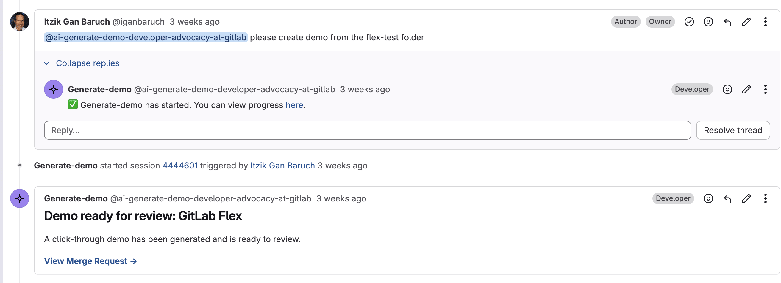 The issue comment that triggers the Click-Through Demo Generator, and the agent's response with the merge request link