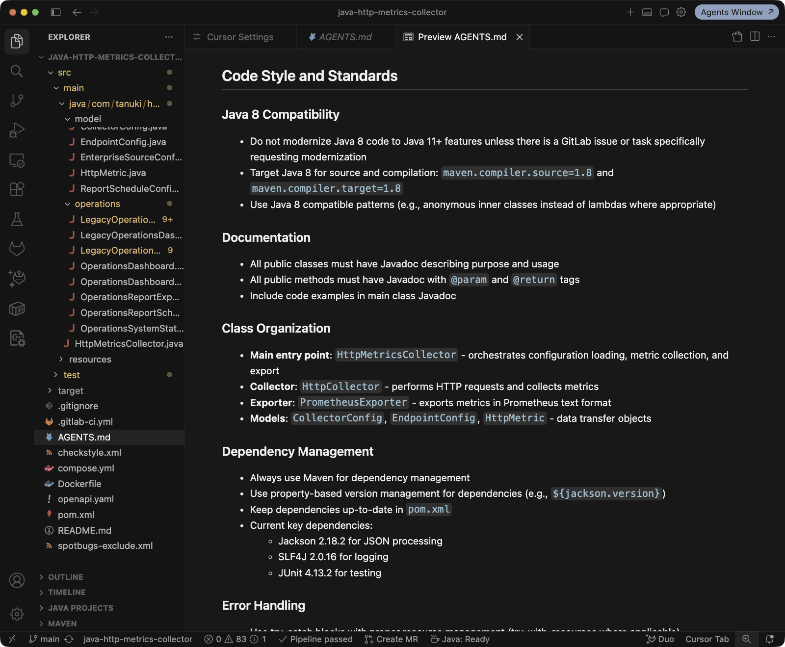 The Java HTTP metrics collector open in Cursor with AGENTS.md instructions
