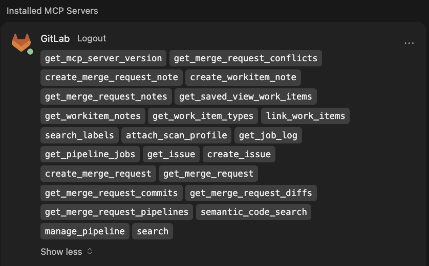The GitLab MCP server connected in Cursor after OAuth authorization