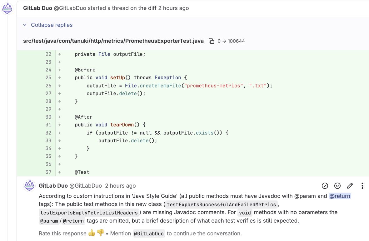 Code review feedback in the merge request
