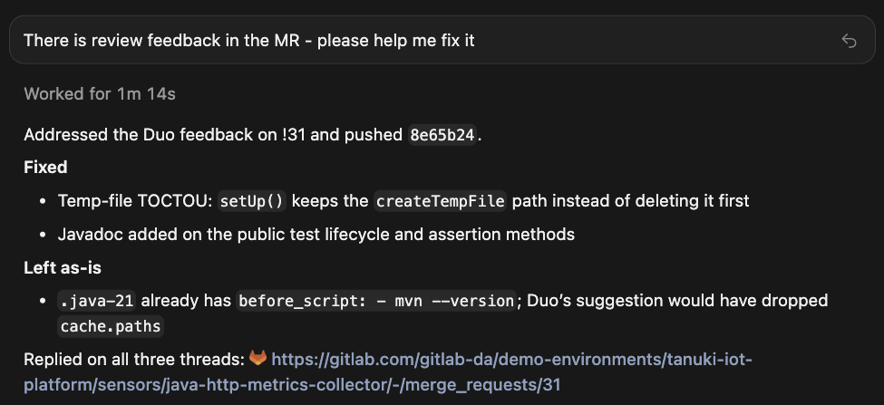 Cursor IDE prompt "There is review feedback in the MR - please help me fix it"