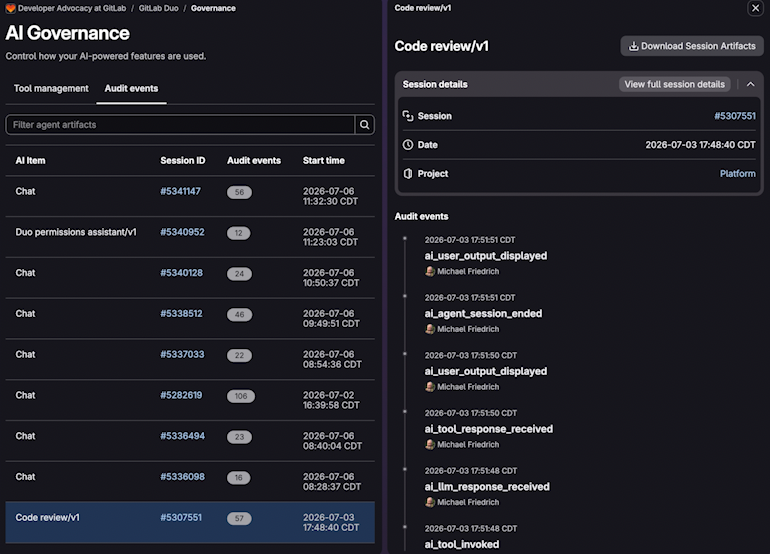 Audit log of agent activity, showing session-level events and start times