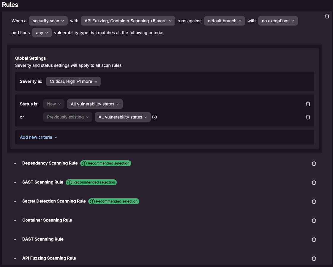 Configure security scans to be run on every default branch