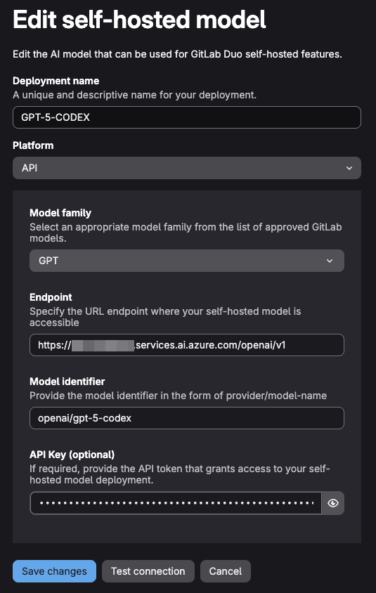 GitLab Duo - self-hosted model configuration (gpt-5-codex)