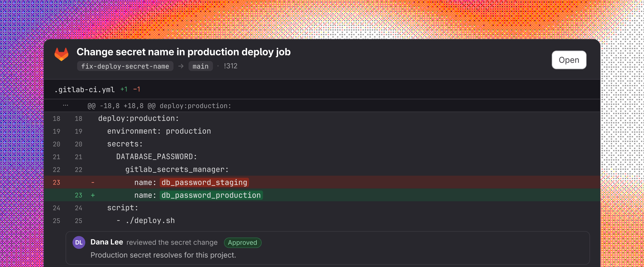 A merge request changing a secret name in the pipeline configuration file, reviewed and approved alongside the code.
