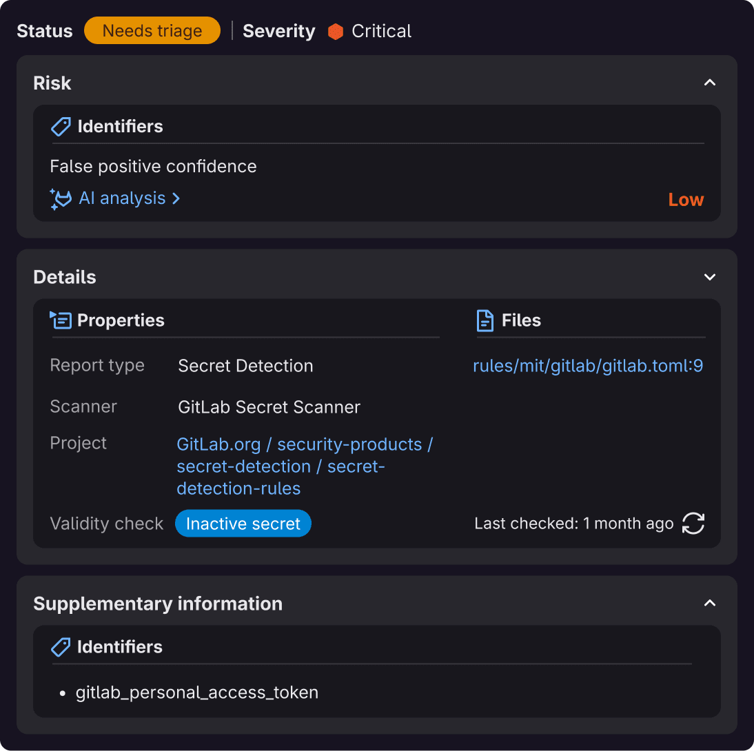 A GitLab Secret Detection finding showing the scanner, affected file, and validity check for a detected secret.