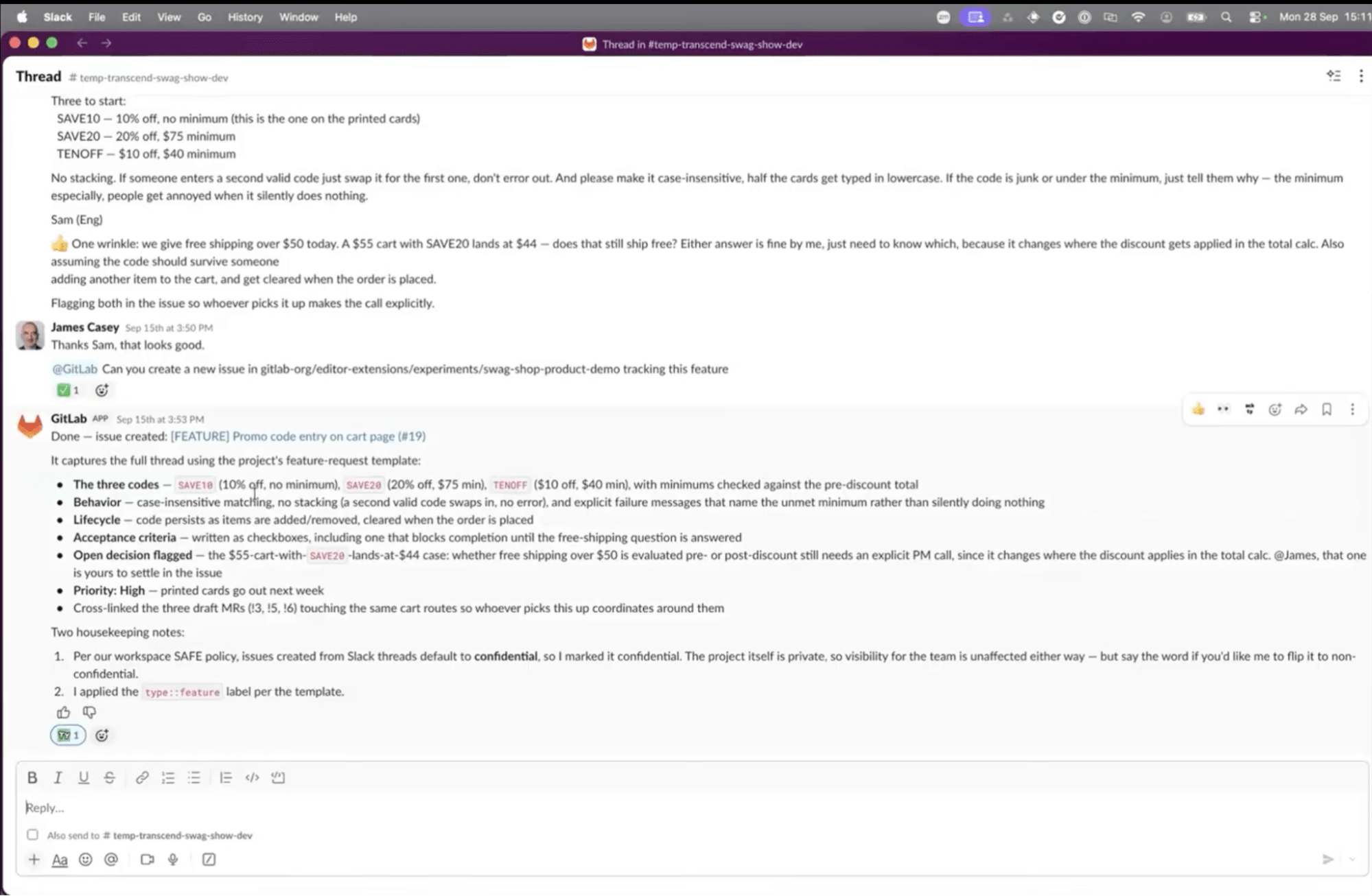 GitLab issue created in Slack