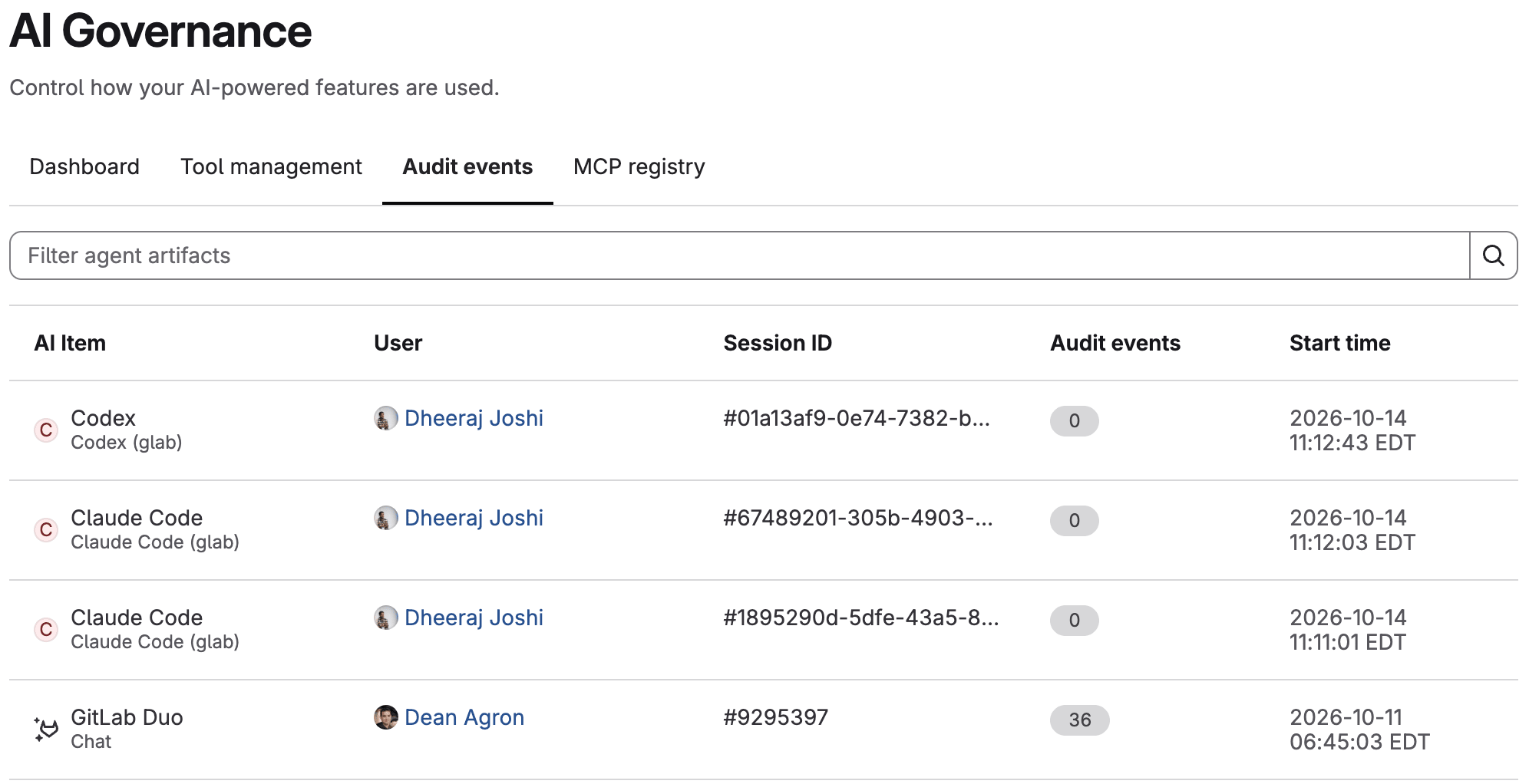 Audit events on AI Governance Dashboard