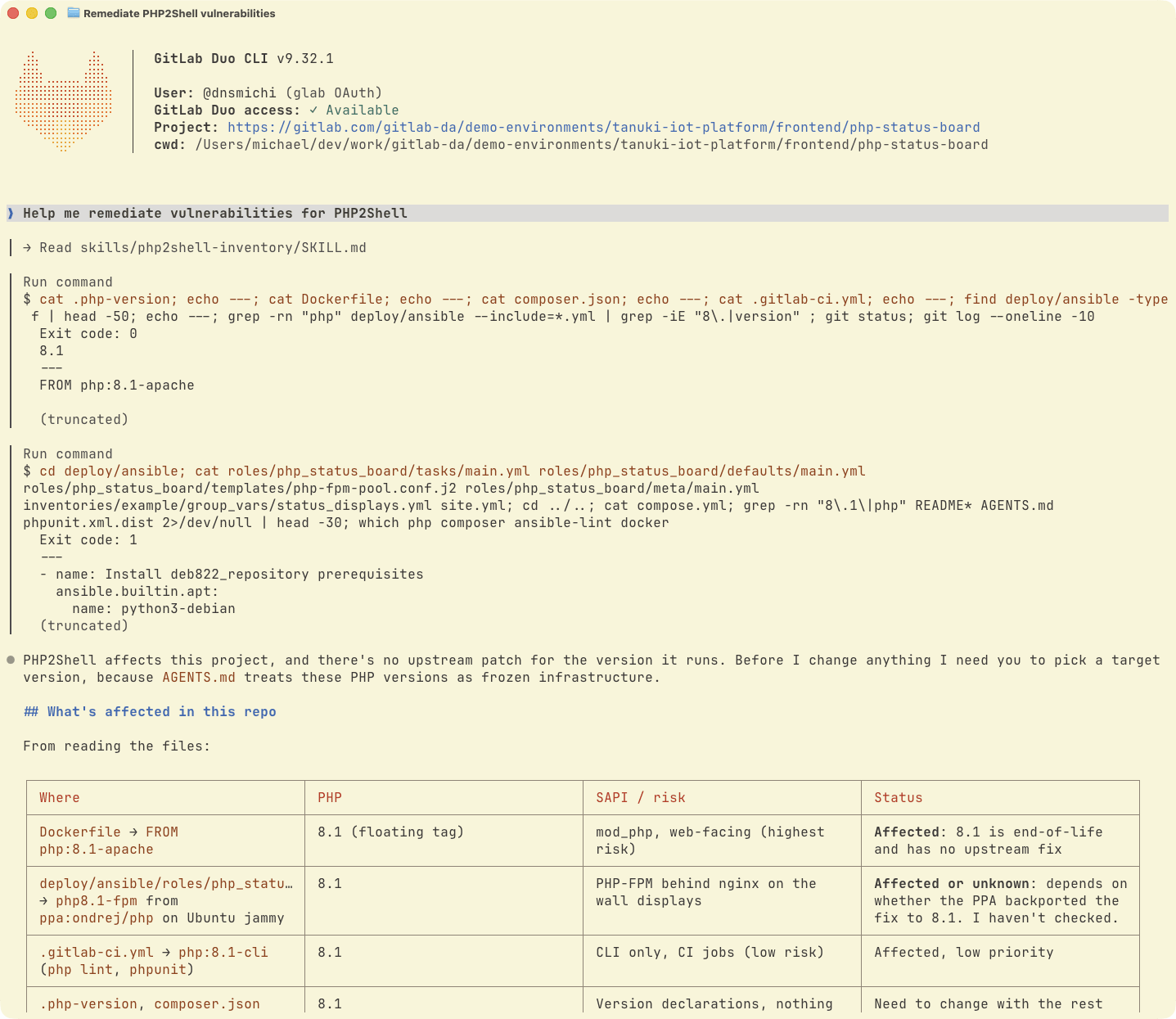 GitLab Duo CLI using the PHP2Shell skill. This demo project is intentionally vulnerable to demonstrate successful remediation with GitLab Duo CLI. 