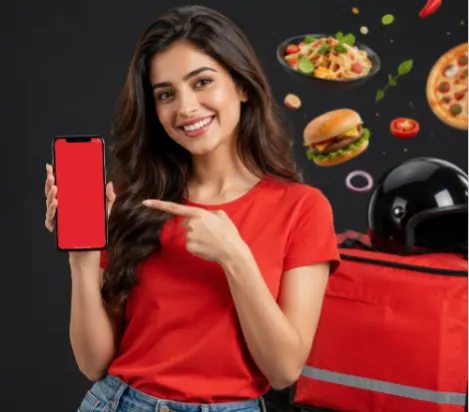 Delivery partner holding a phone with the Zomato-like app open