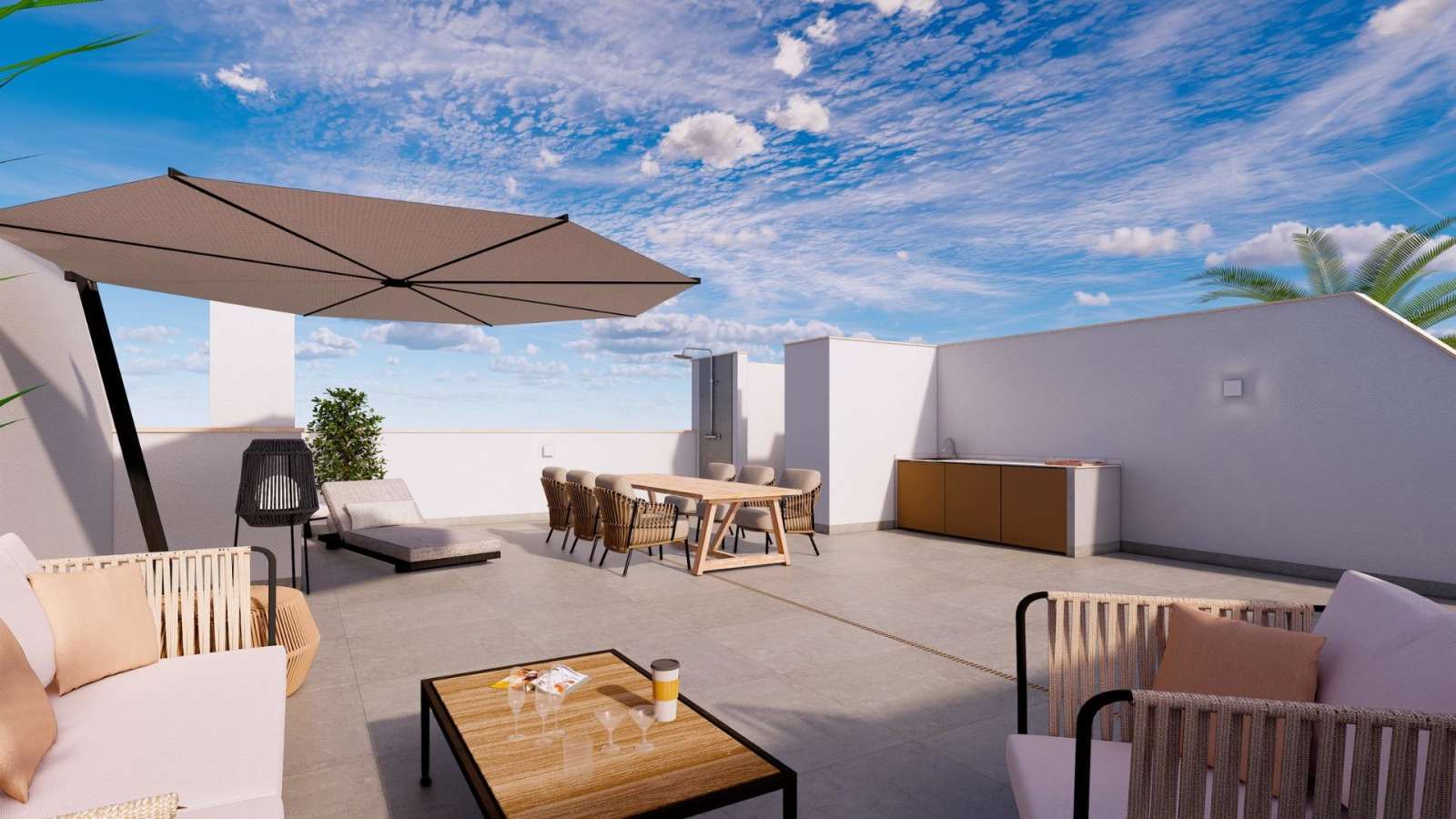 Nybygd rekkehus med takterrasse – Fellesbasseng og gangavstand til strand, bilde 1
