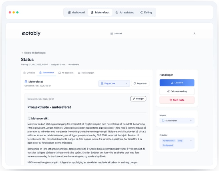 Slik ser et ferdig møtereferat ut i Notably – med muligheter for ulike referat og handlinger