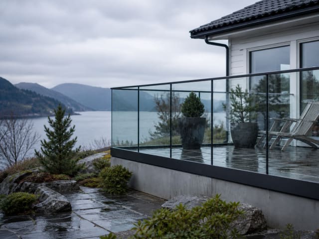 Glassrekkverk på balkong på hvitt norsk hus