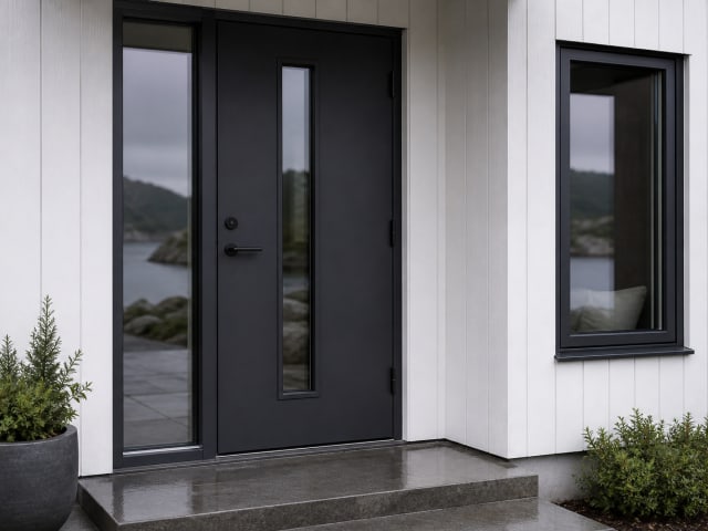 Mørk ytterdør med glassfelt og sideglass