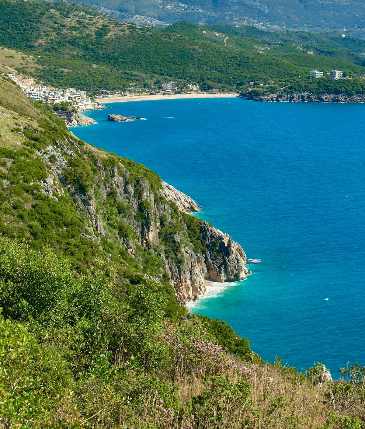 Mountain view looking down on a beach in Spain