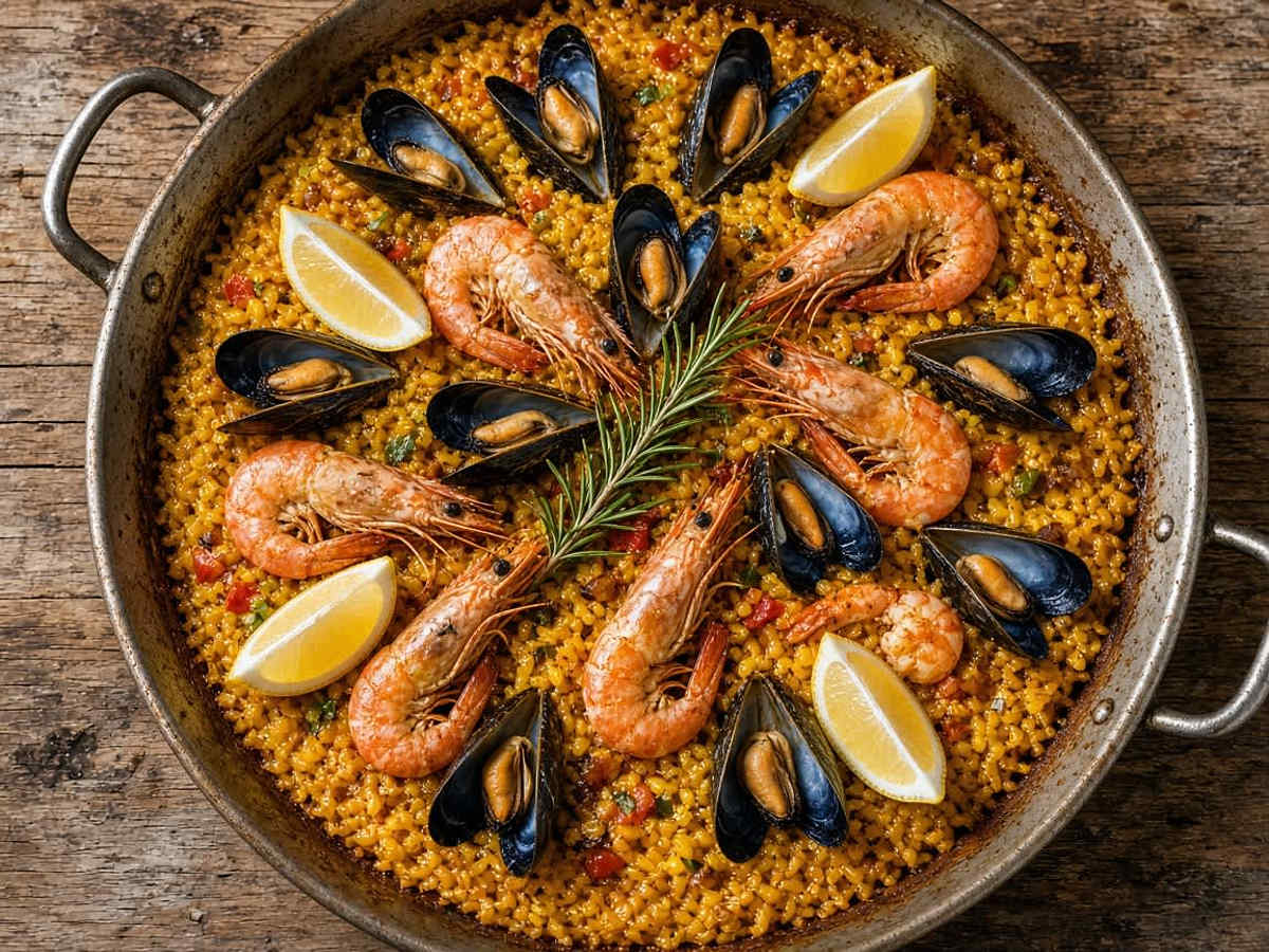 Traditional Valencian paella in a steel pan