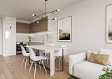 Modern American-style kitchen with dining area and designer lighting