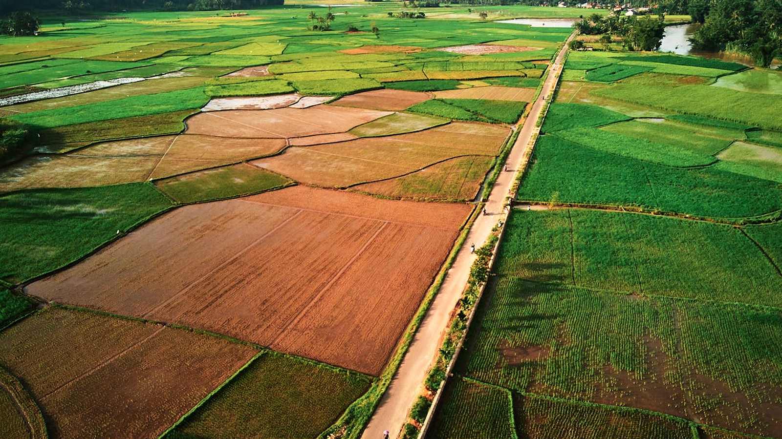 Aerial view of inland Spanish countryside with agricultural fields and rural landscape