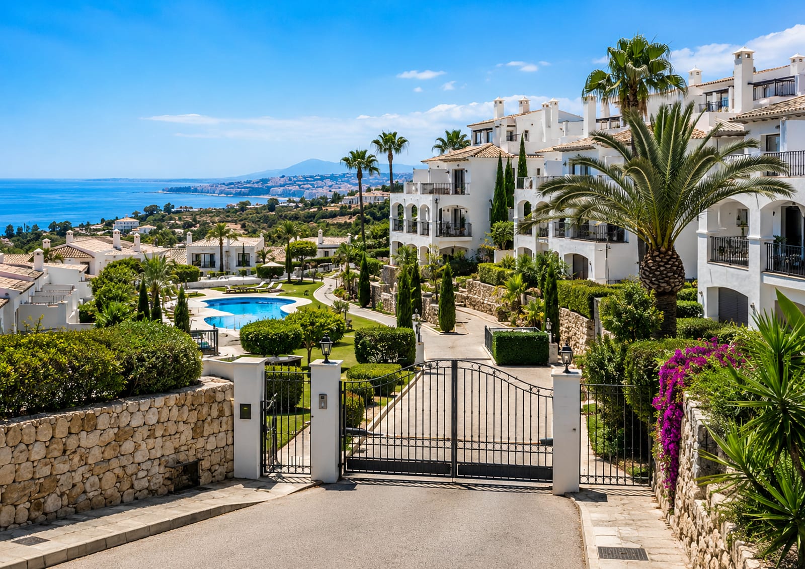 Urbanización residencial privada en España con zonas comunes ajardinadas