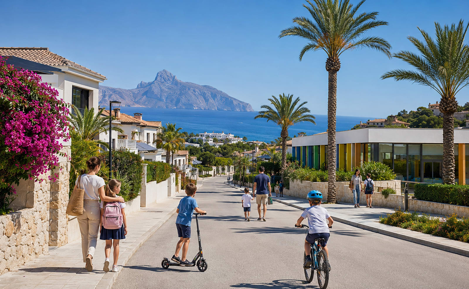 Vista costera de la Costa Blanca Norte con playas familiares y villas en la ladera