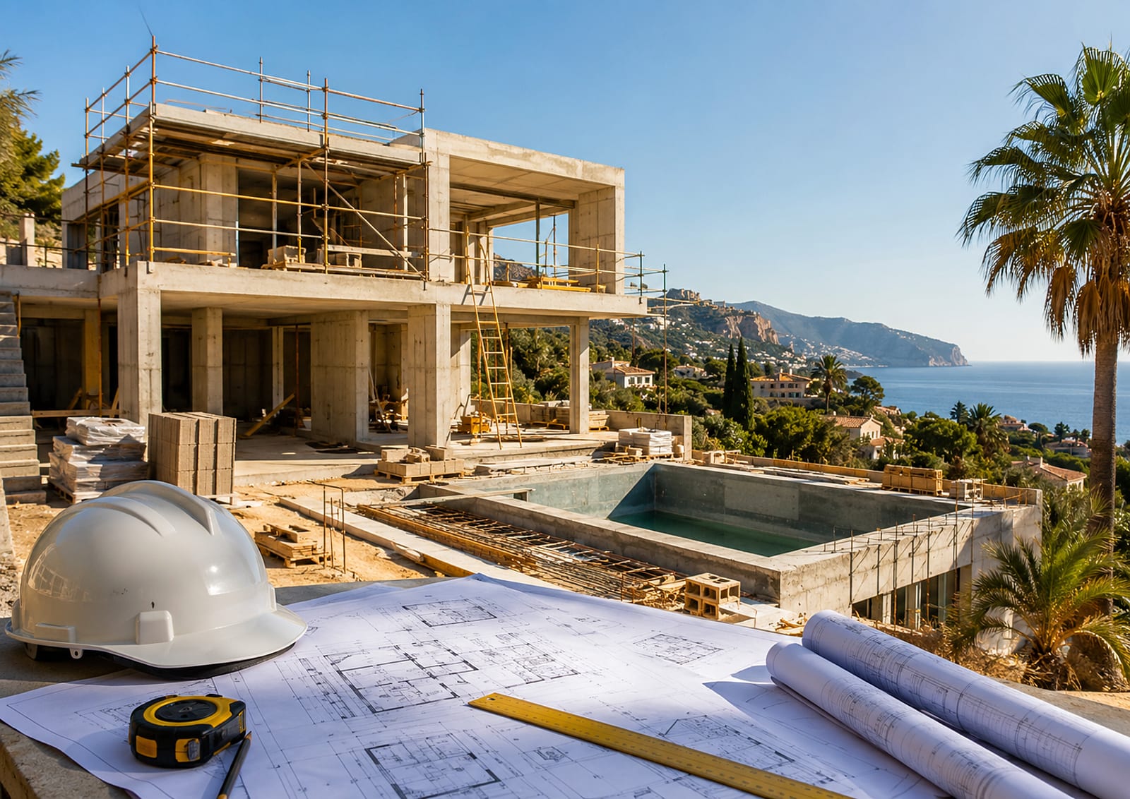 Modern villa under construction on a hillside plot in Spain