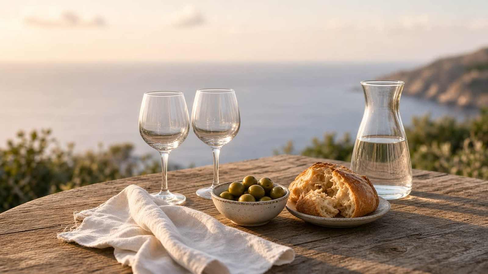 Empty seaside terrace table at golden hour on the Costa Blanca