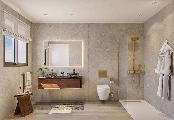 Luksuriøst baderom med regndusjkabinett og gullblandere