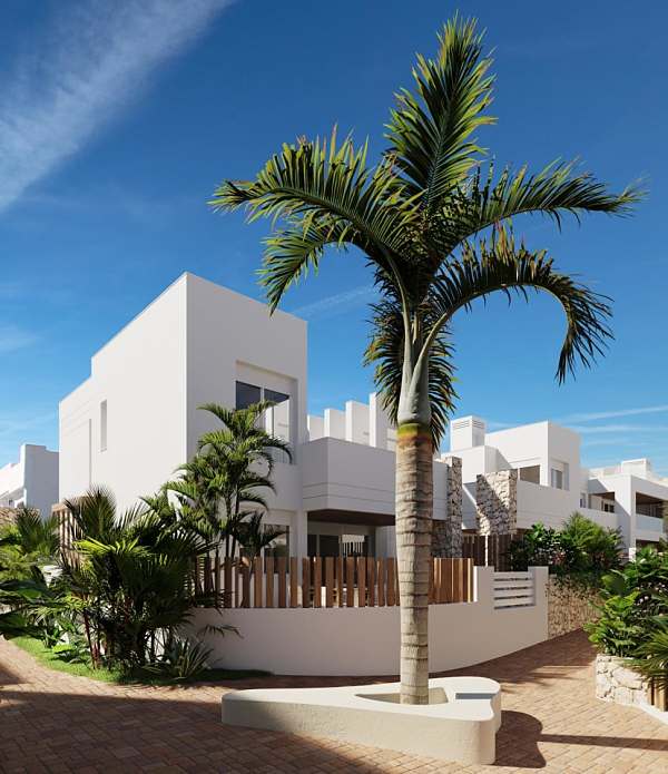 Architectural render of a corner villa with tropical planting