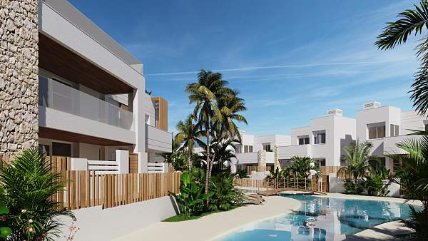 Architectural render of villas facing the communal pool
