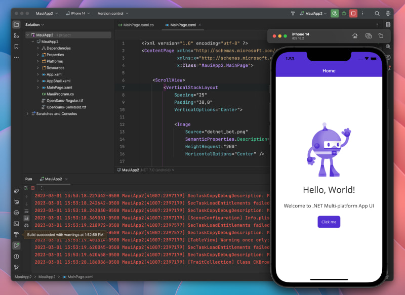 Running iOS simulator showing a MAUI app and JetBrains Rider