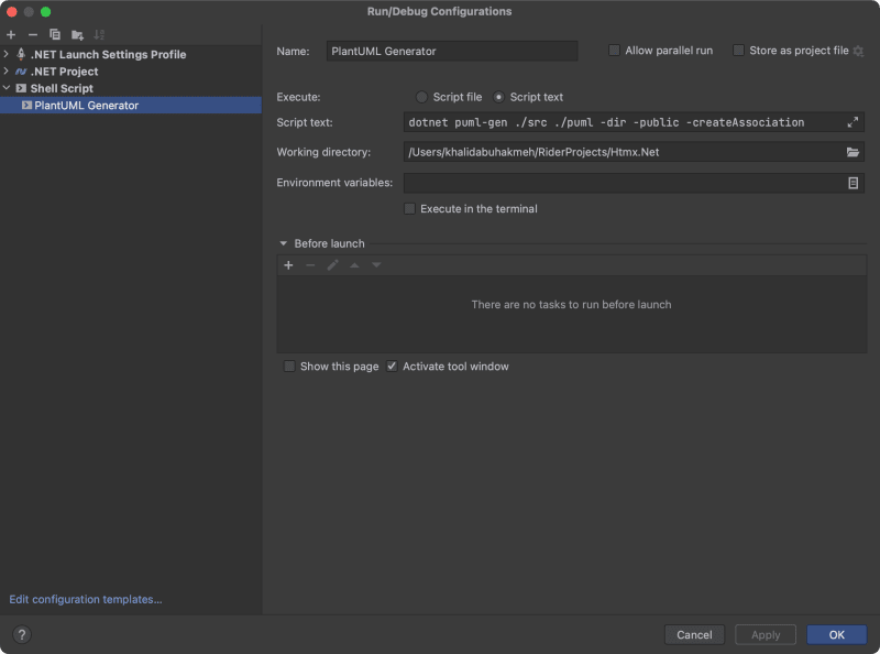 Run configuration in JetBrains Rider for PlantUML .NET CLI tool