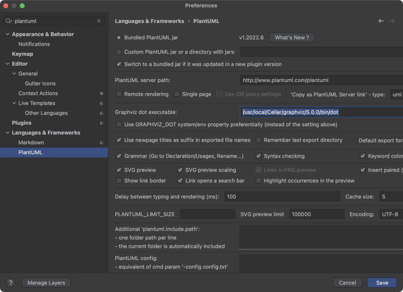 PlantUML plug-in settings pointing to GraphViz