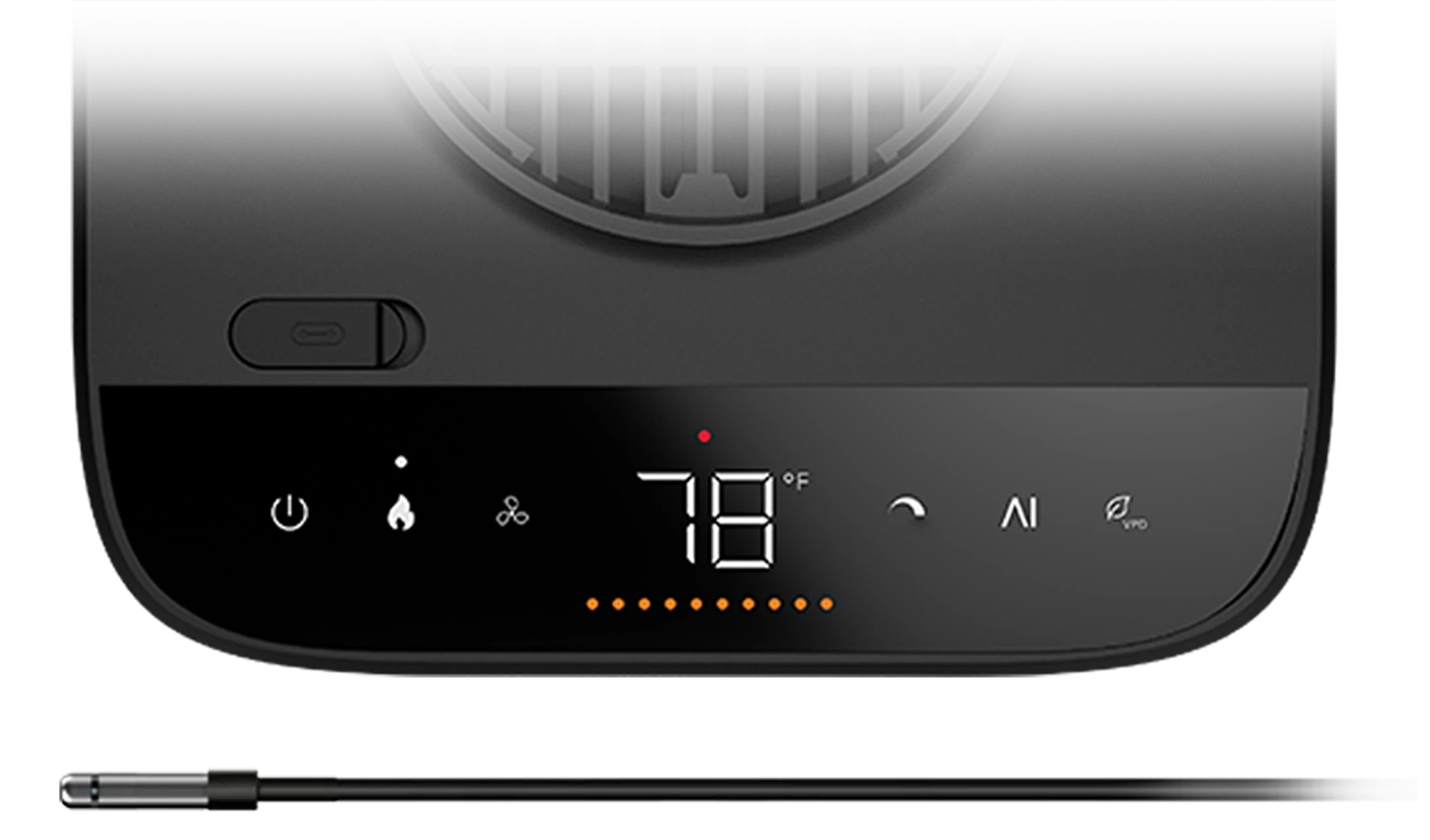 Thermoforge T7 heater connected to UIS Controller and mobile app displaying synced temperature and humidity data for intelligent climate automation.