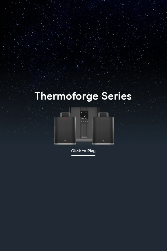 Thermoforge T7 video poster with product hero on blue background.