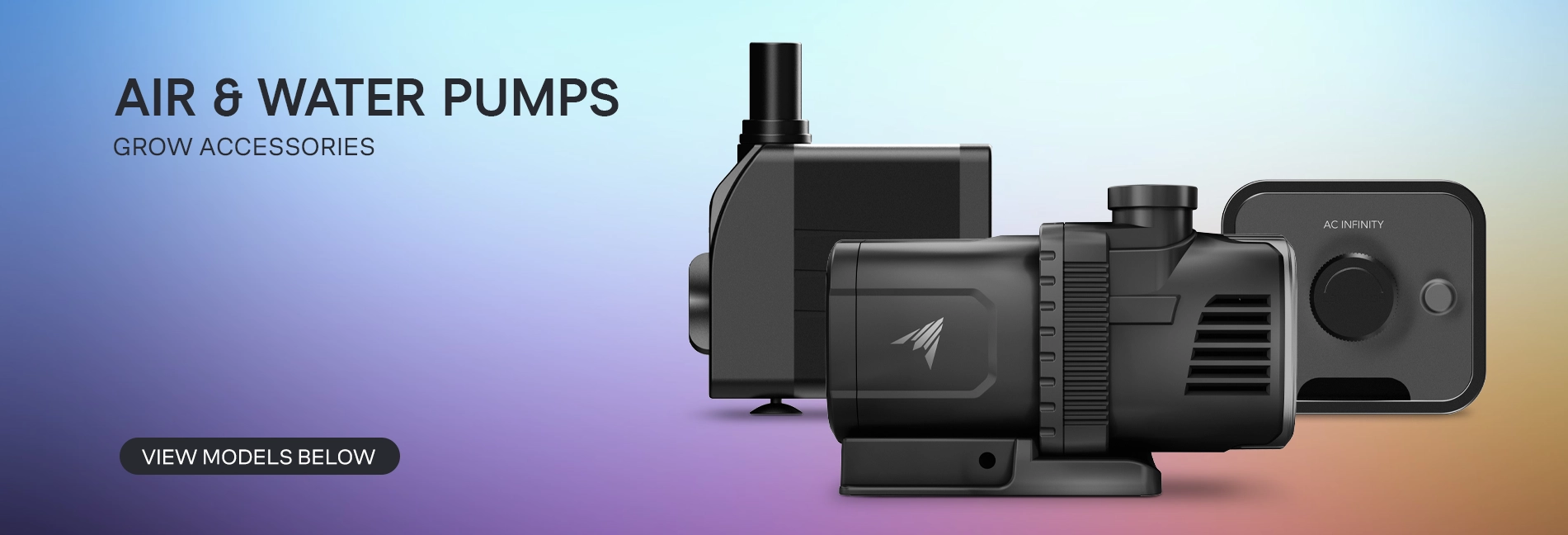 Air and water pumps banner featuring compact and large pumps with a controller unit against a gradient background.