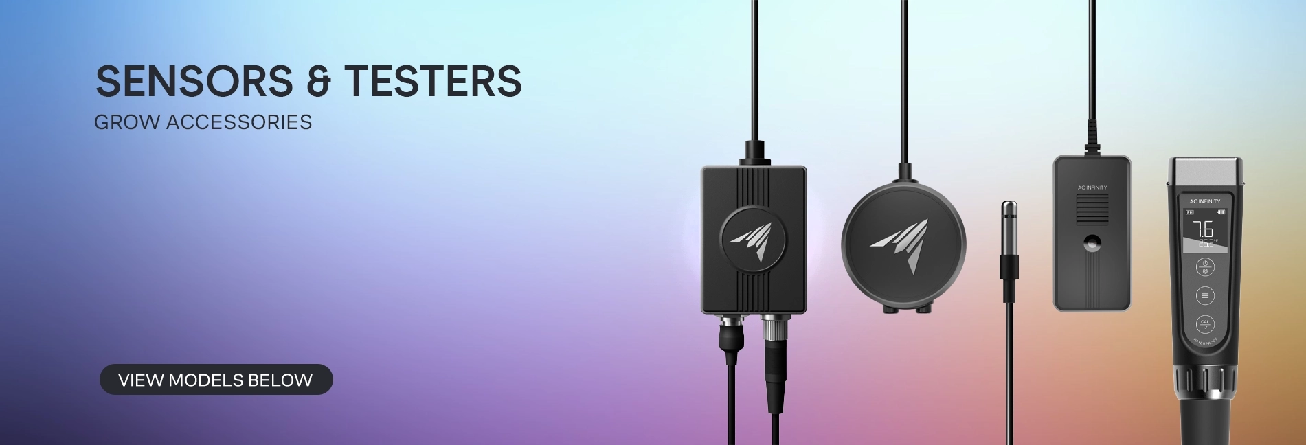 Sensors and testers banner showing environmental sensors and a handheld meter for grow room monitoring on a gradient background.