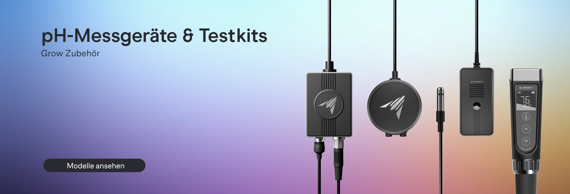 Banner für Sensoren und Messgeräte mit Umweltsensoren und Handmessgerät zur Überwachung des Grow-Raums.