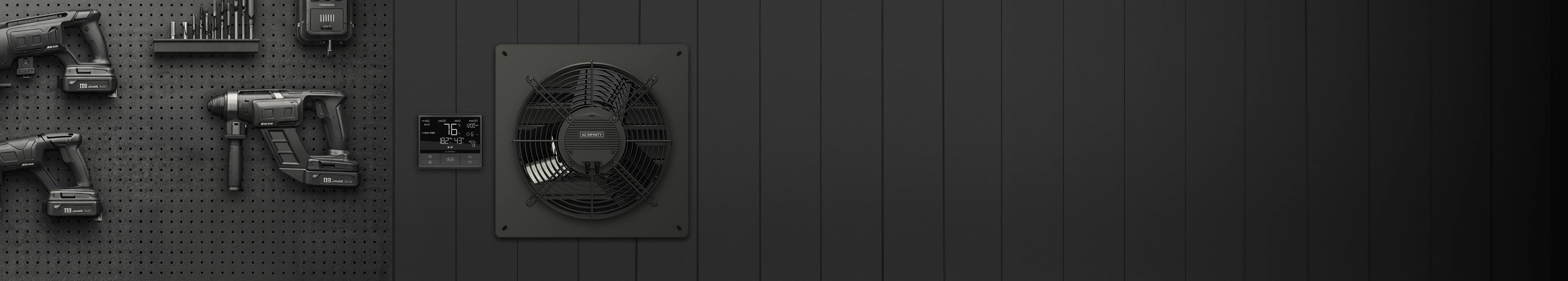 Black workshop wall featuring a pegboard with power tools and a mounted AC Infinity shutter fan with a digital controller.